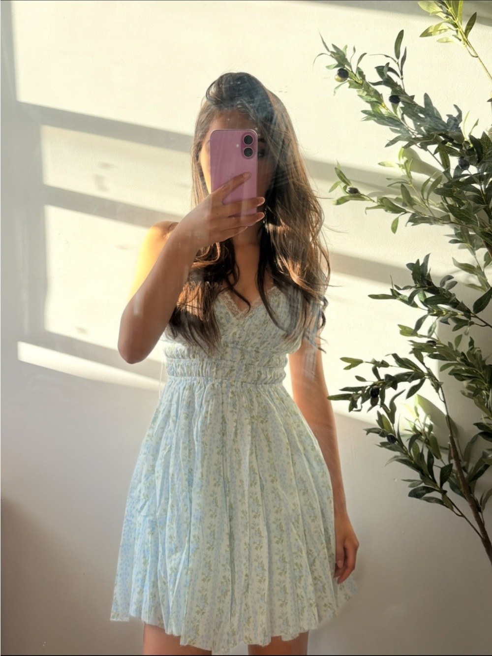 Floral Smocked V-Neck Mini Dress in Light Blue